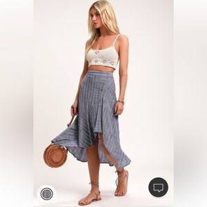 By The Bay Blue and White Striped Ruffled Midi Skirt